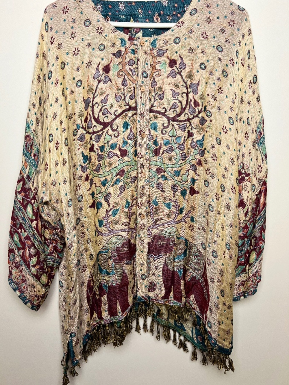 Earthbound Reversible Boho Kimono Cover Fringe Green Tan Elephant Cover Up XXL - Picture 7 of 8